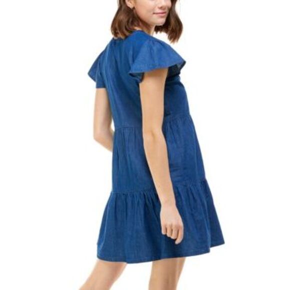 Rosie Harlow Womens Blue Chambray Flutter Sleeve Split Short A-Line Dress XS - Picture 2 of 4